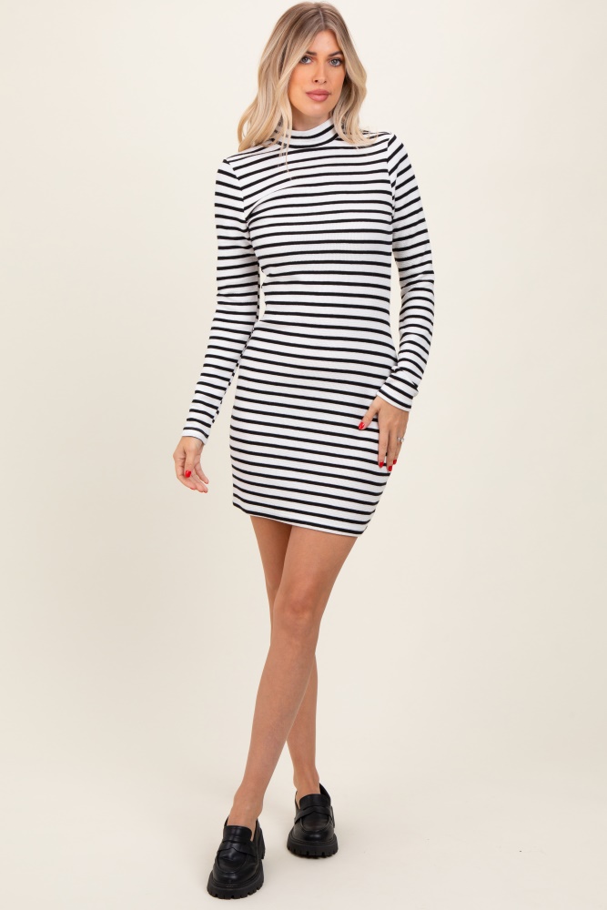 ivory striped mock neck long sleeve fitted dress