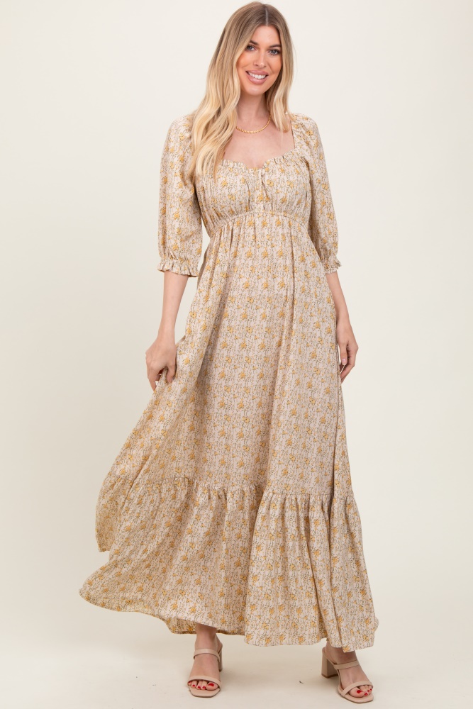 mango dress beige Beige Embroidered Folk Garden V-Neck Maxi Dress main image 0