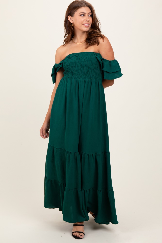 hunter green smocked ruffle off shoulder tiered maxi dress