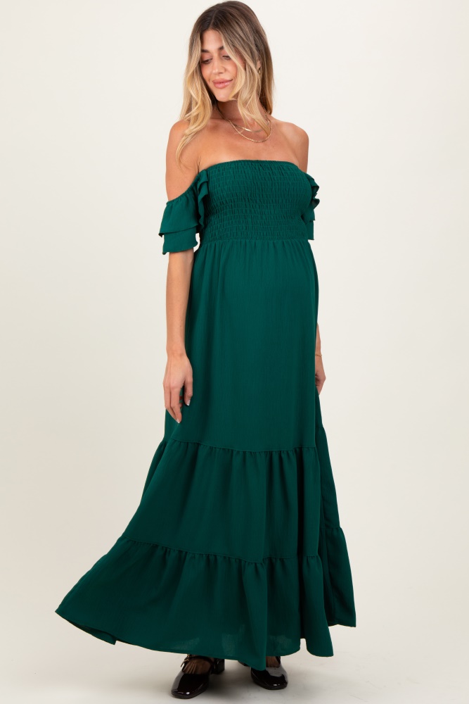 hunter green smocked ruffle off shoulder tiered maternity maxi dress