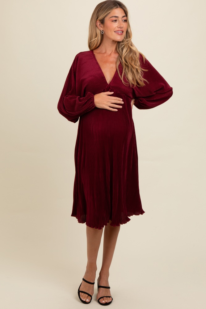 burgundy pleated deep v-neck maternity midi dress