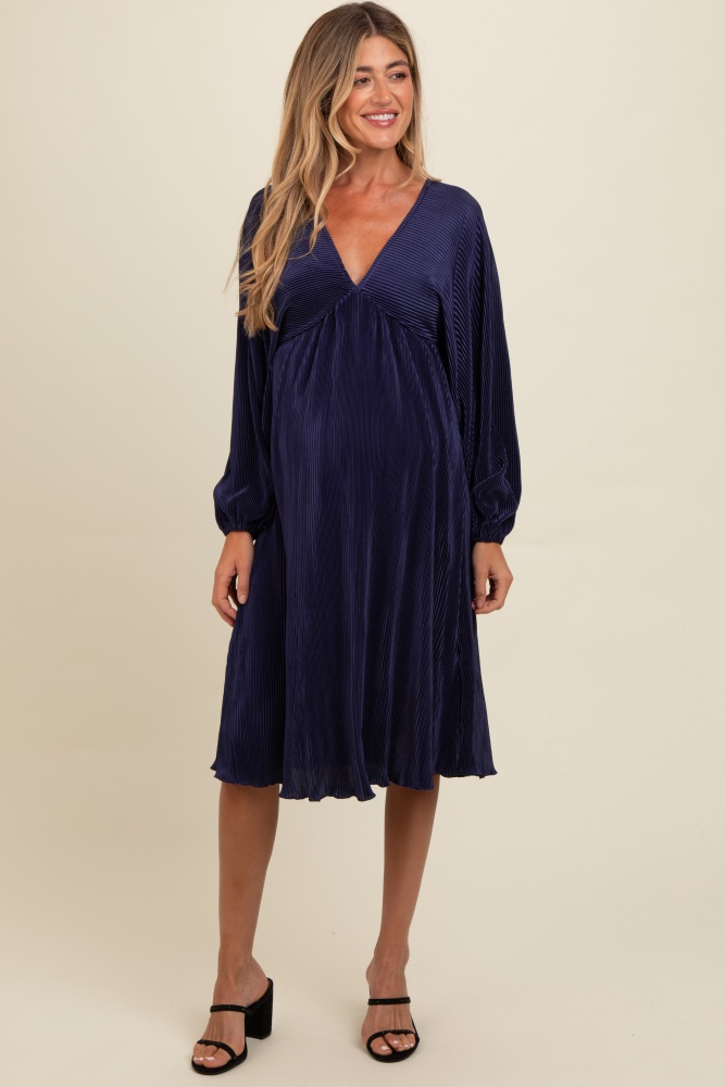 navy pleated deep v-neck maternity midi dress