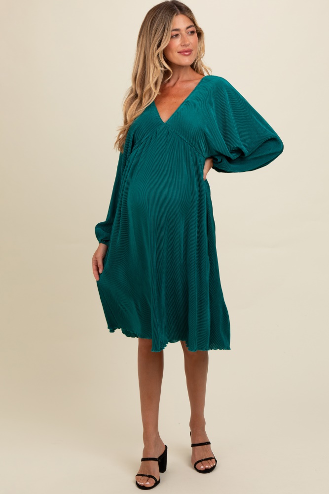 forest green pleated deep v-neck maternity midi dress