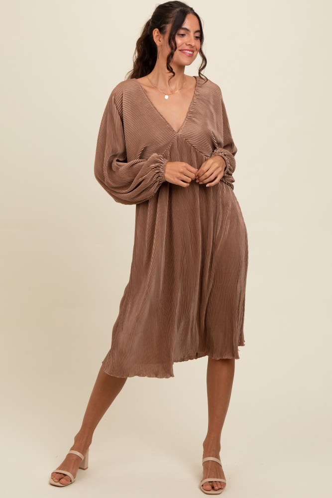 mocha pleated deep v-neck midi dress