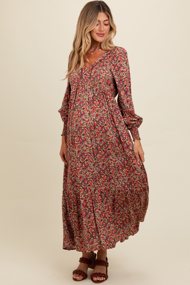 mocha floral v-neck bubble sleeve maternity maxi dress