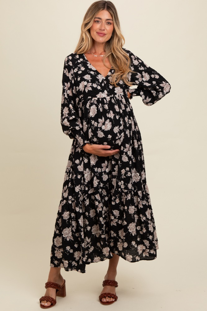 black floral textured bubble sleeve maternity maxi dress