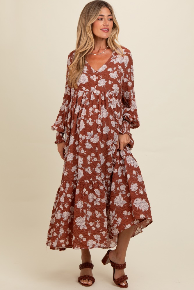 rust floral textured bubble sleeve maternity maxi dress