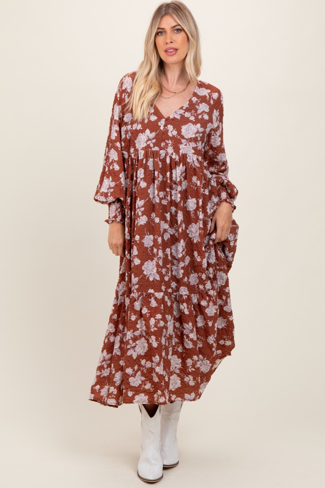 rust floral textured bubble sleeve maxi dress