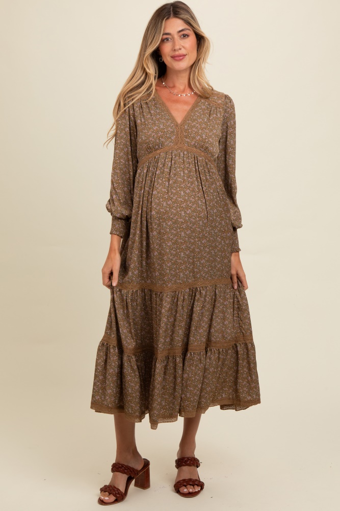 mocha floral lace trim bubble sleeve maternity maxi dress