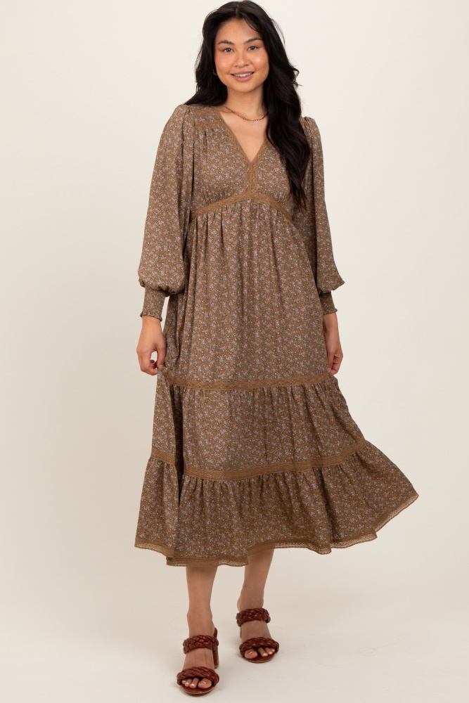 mocha floral lace trim bubble sleeve maxi dress