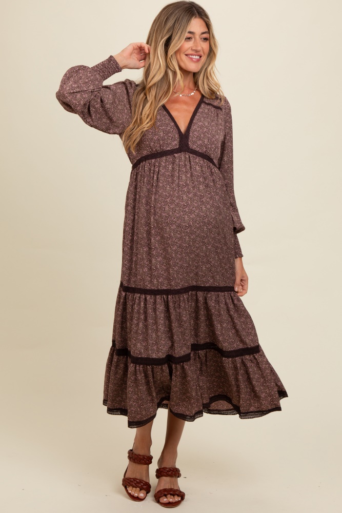 brown floral lace trim bubble sleeve maternity maxi dress