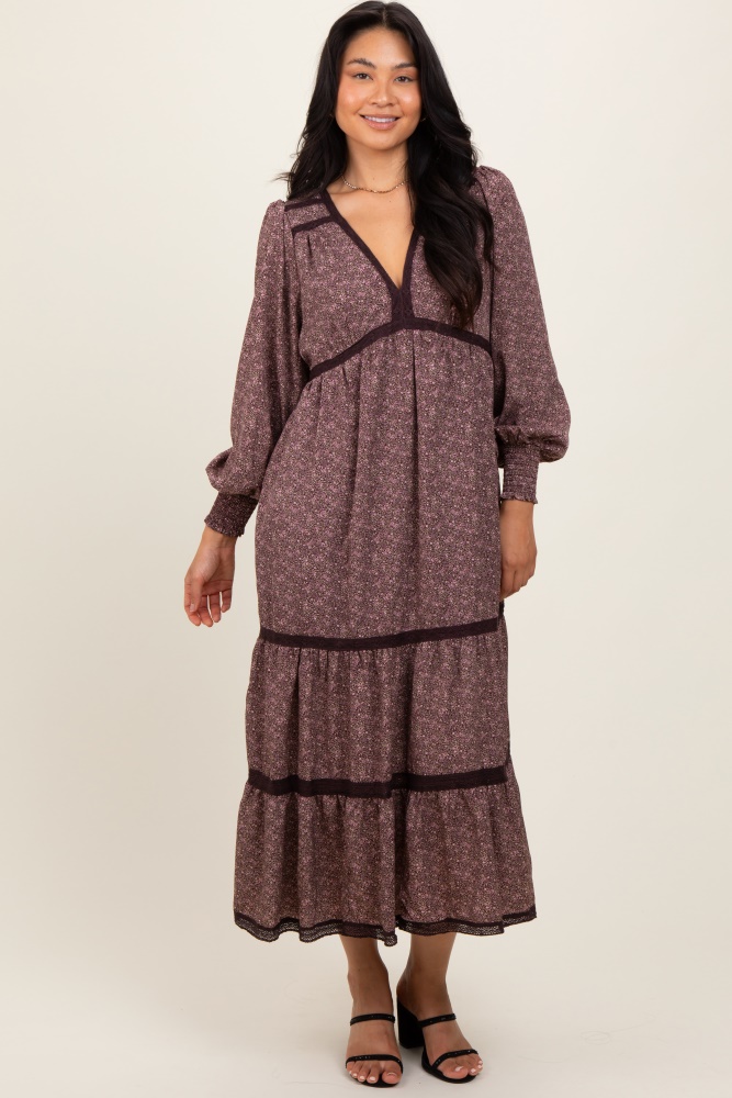 brown floral lace trim bubble sleeve maxi dress