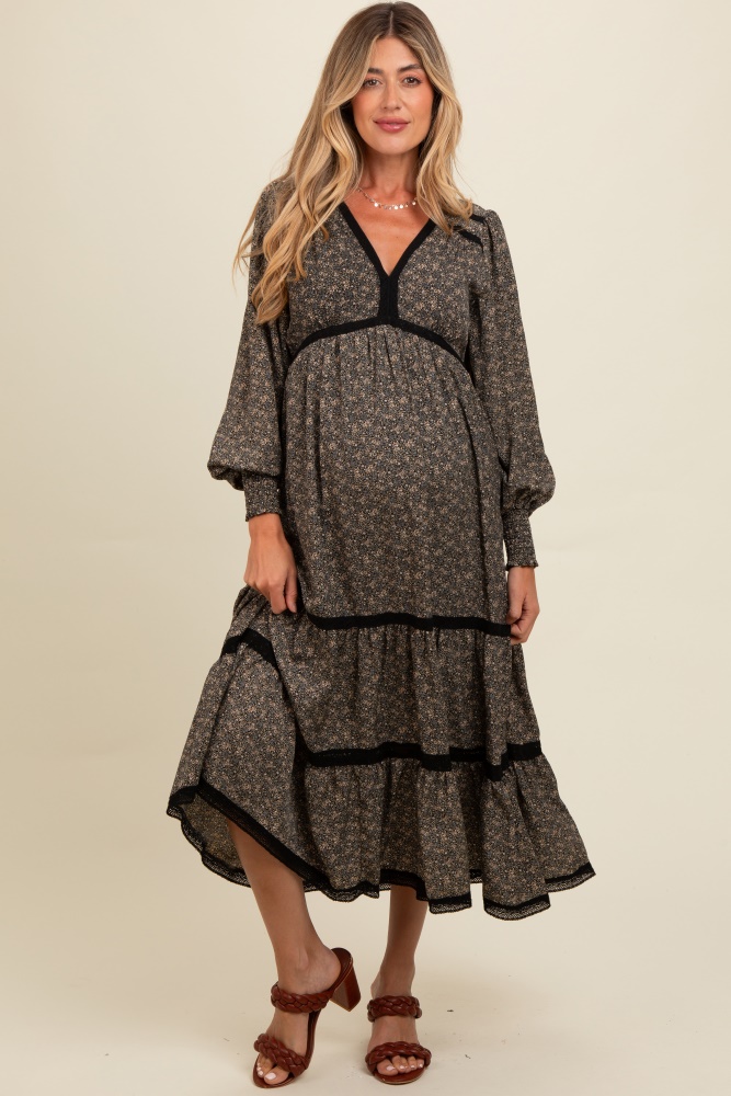 black floral lace trim bubble sleeve maternity maxi dress