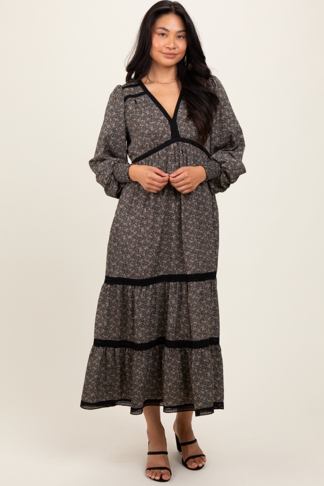 black floral lace trim bubble sleeve maxi dress