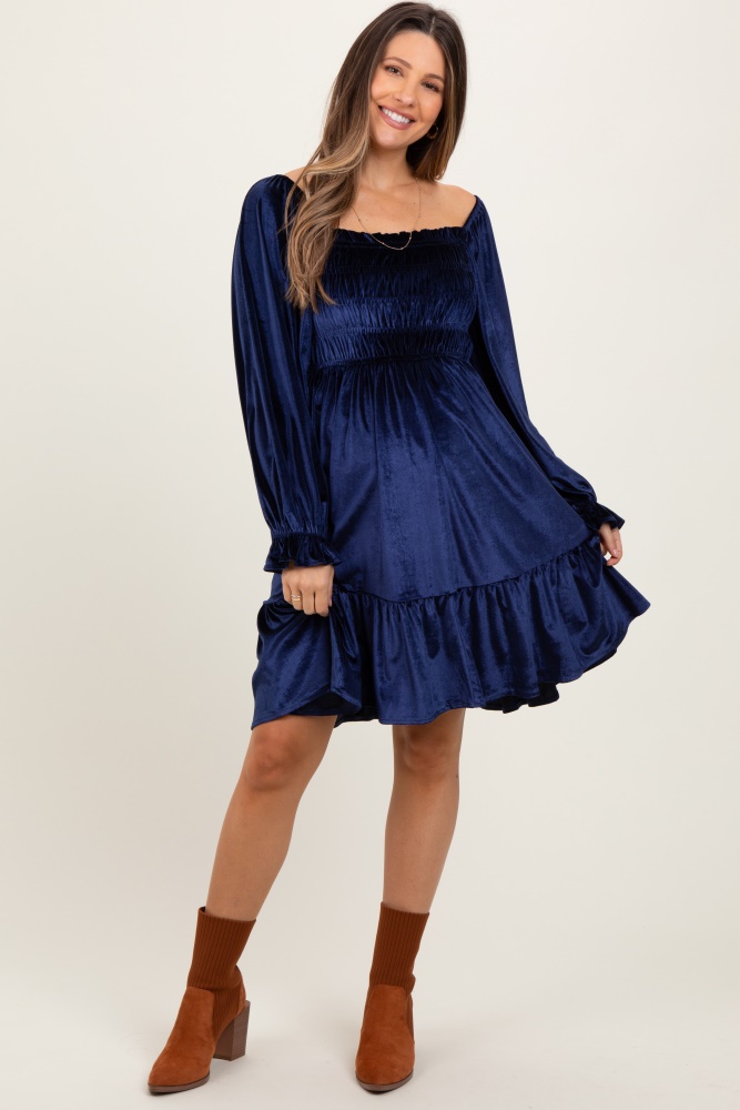 navy velvet smocked long sleeve maternity dress