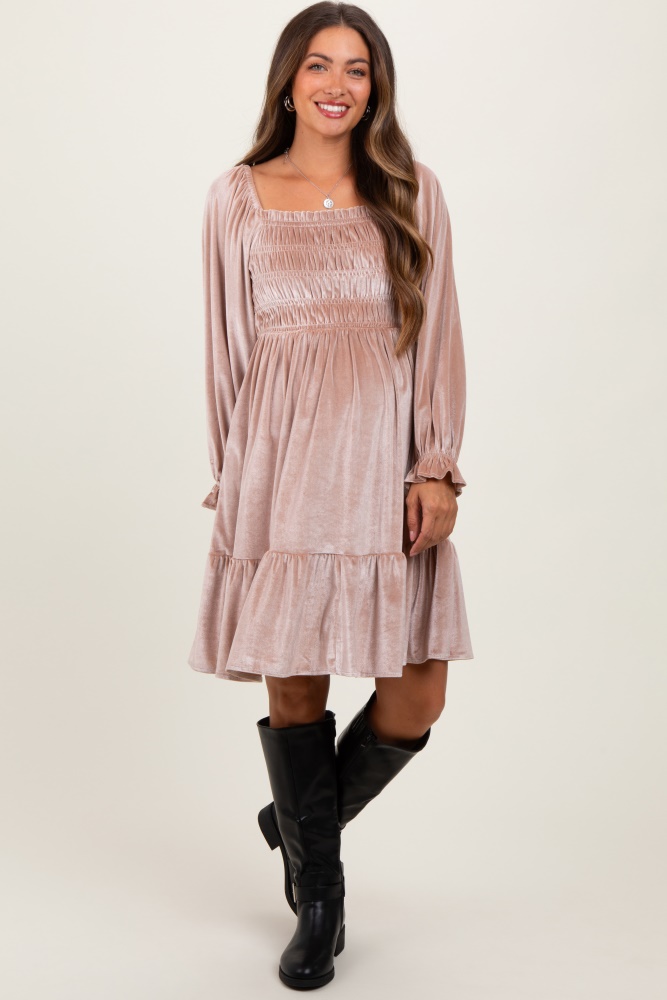 light taupe velvet smocked long sleeve maternity dress