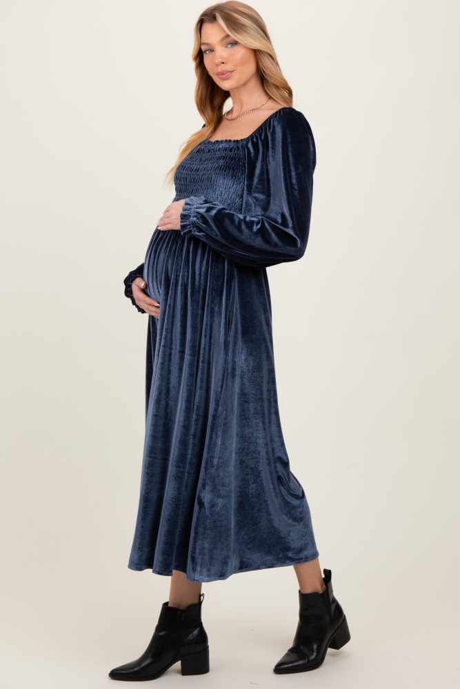 navy velvet smocked long sleeve maternity maxi dress