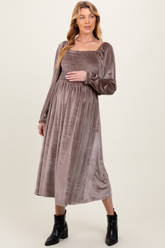 taupe velvet smocked long sleeve maternity maxi dress