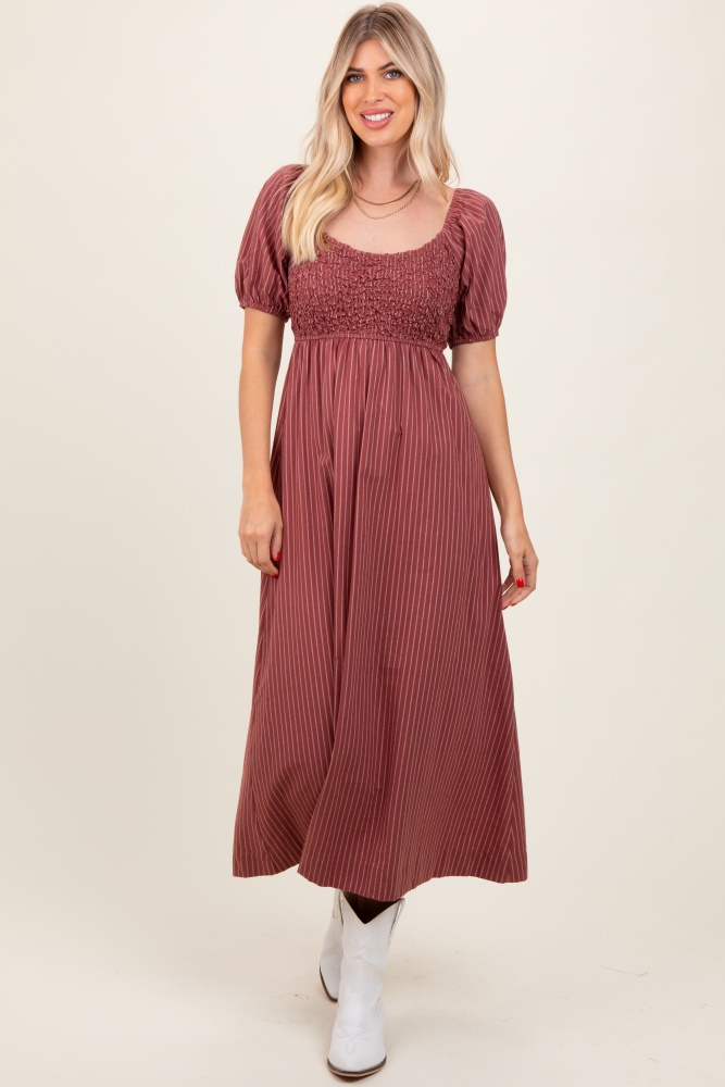 mauve striped popcorn smocked midi dress