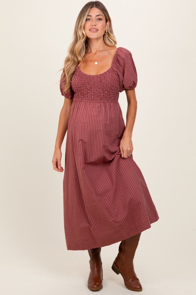 mauve striped popcorn smocked maternity midi dress