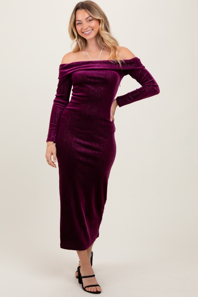 plum shiny velour off shoulder midi dress