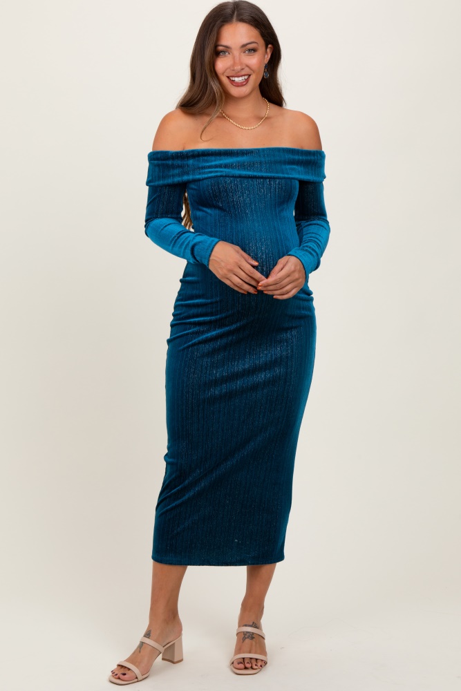 teal shiny velour off shoulder maternity midi dress