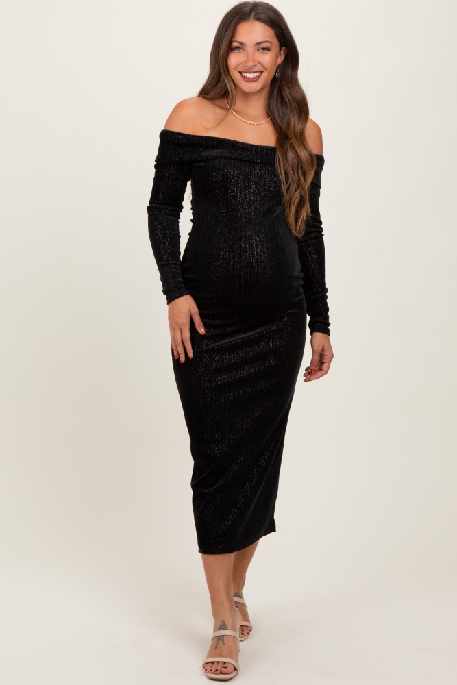 black shiny velour off shoulder maternity midi dress