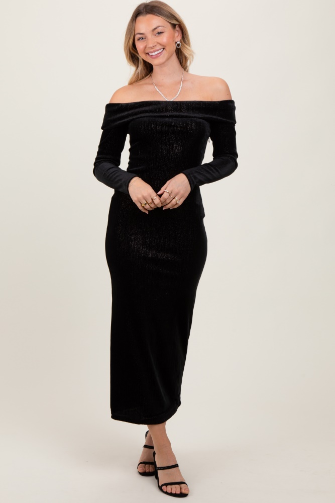 black shiny velour off shoulder midi dress