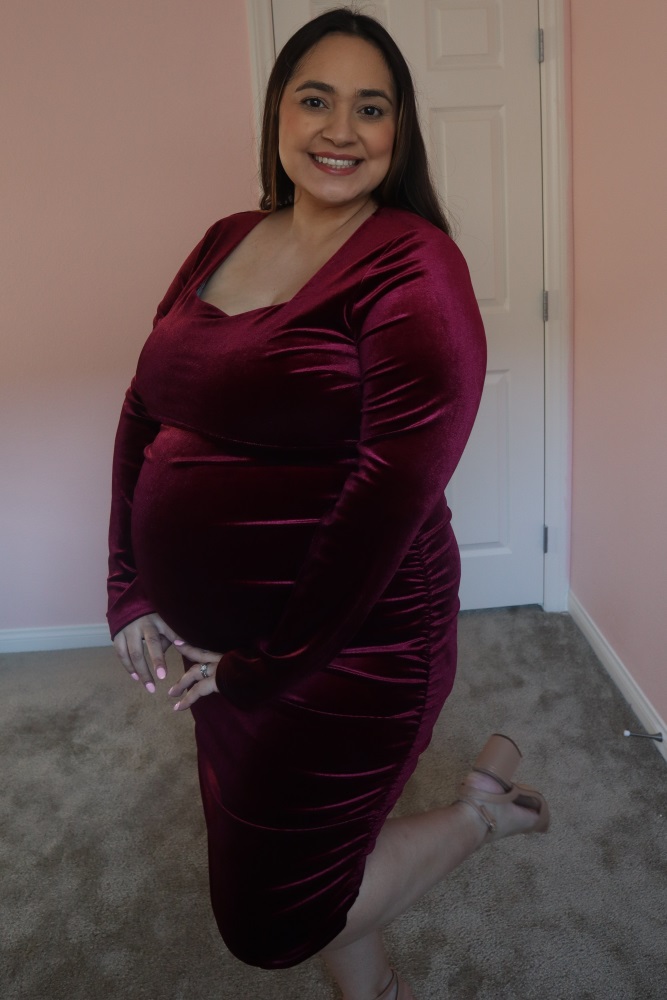 Burgundy Velvet Long Sleeve Ruched Maternity Midi Dress  PinkBlush