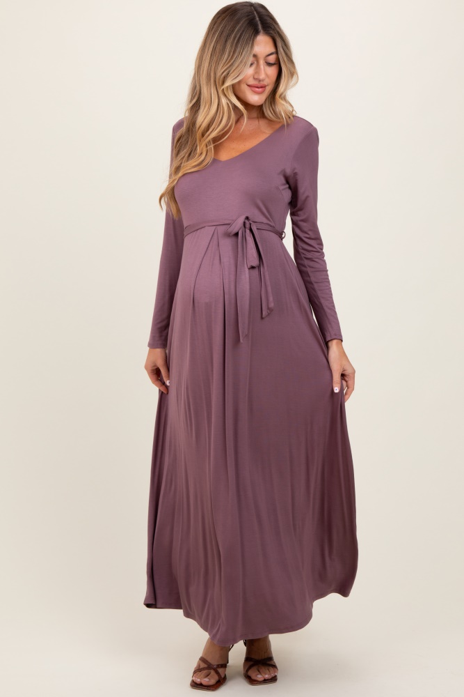 mauve v-neck long sleeve sash tie maternity maxi dress