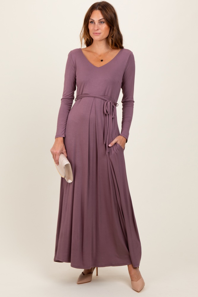 mauve v-neck long sleeve sash tie maxi dress