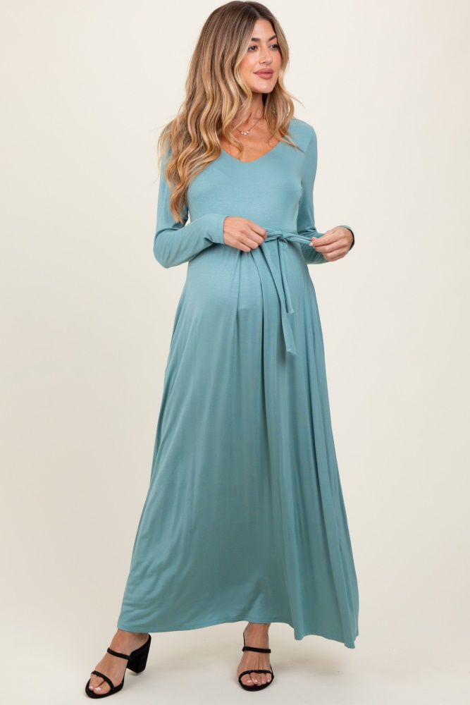 light olive v-neck long sleeve sash tie maternity maxi dress