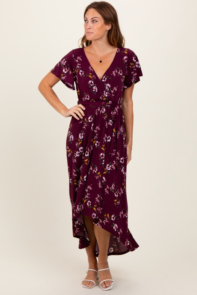 burgundy floral short sleeve wrap hi-low maxi dress