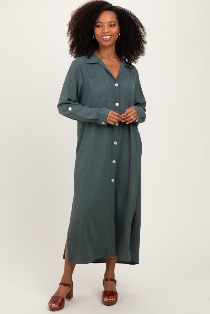 olive long sleeve button down maxi dress