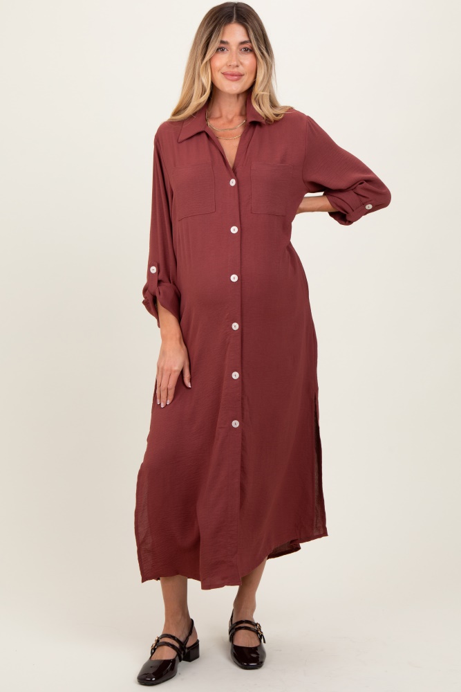 rust long sleeve button down maternity maxi dress