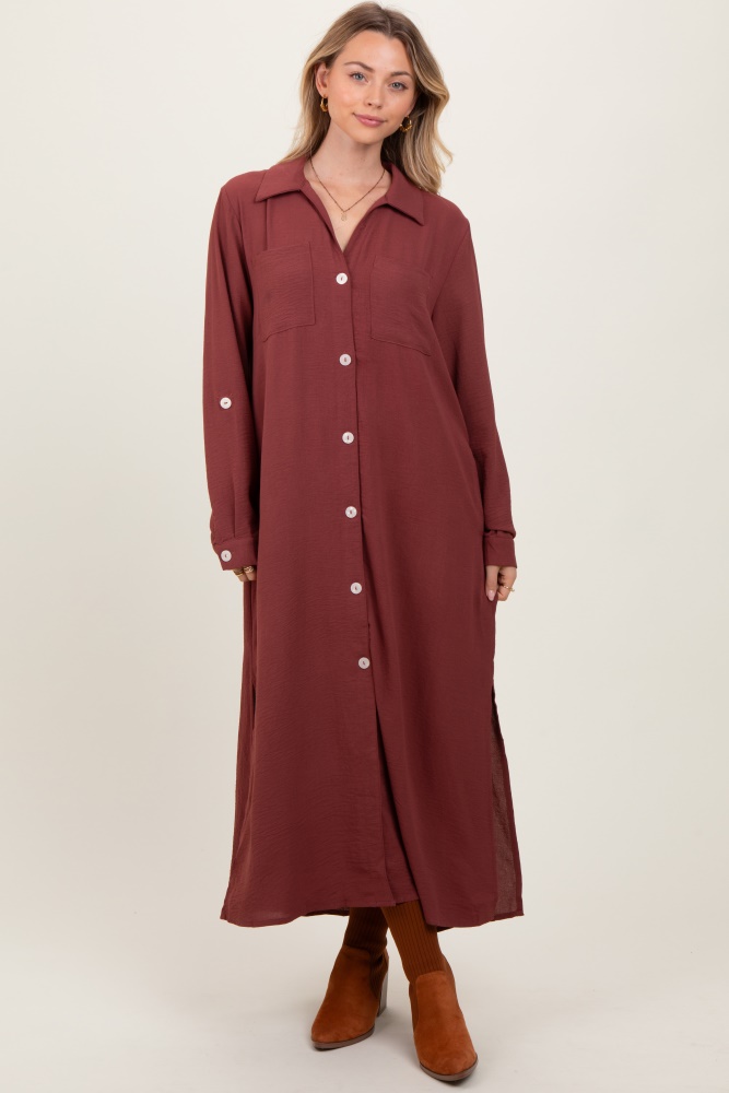 rust long sleeve button down maxi dress