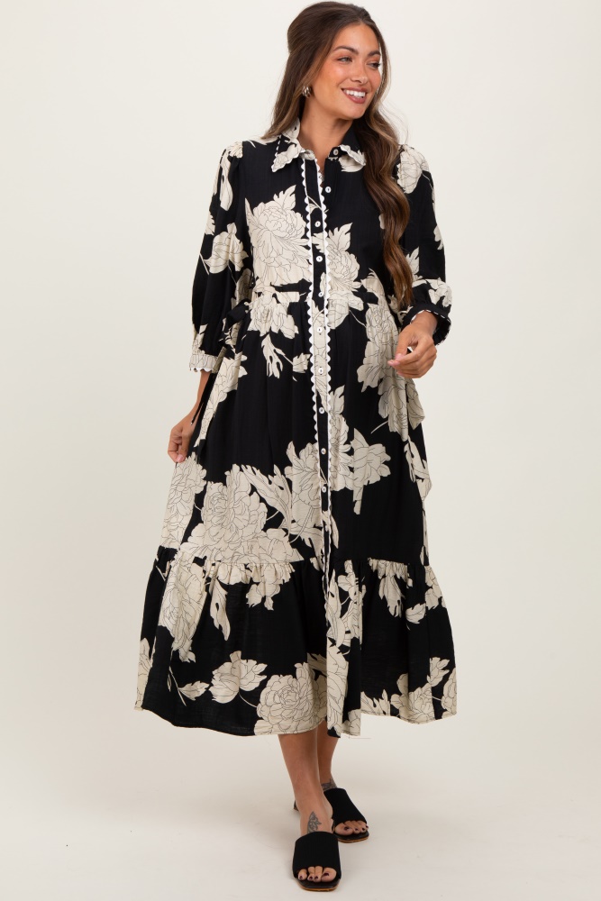 black floral print cinched tie waist maternity shirt dress