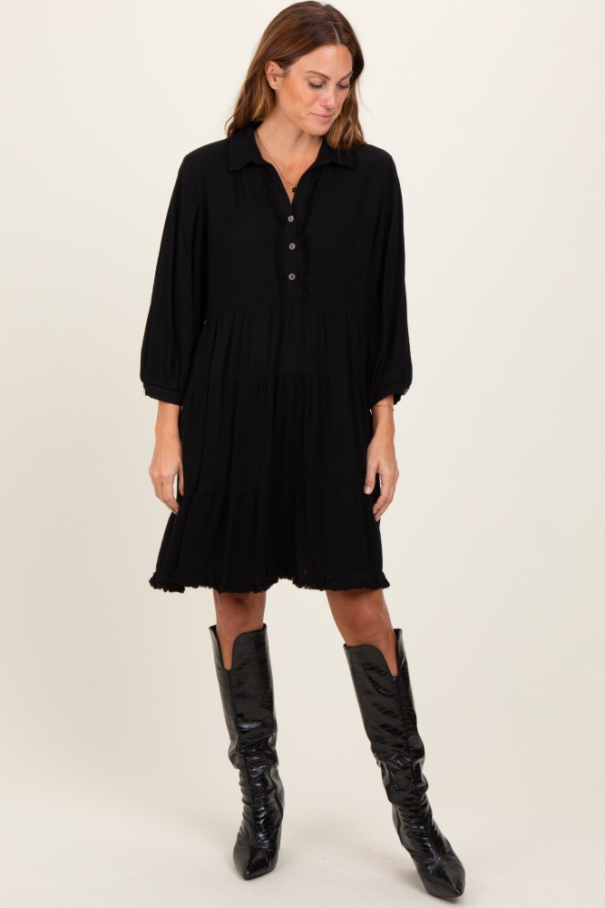 black linen button up tiered dress