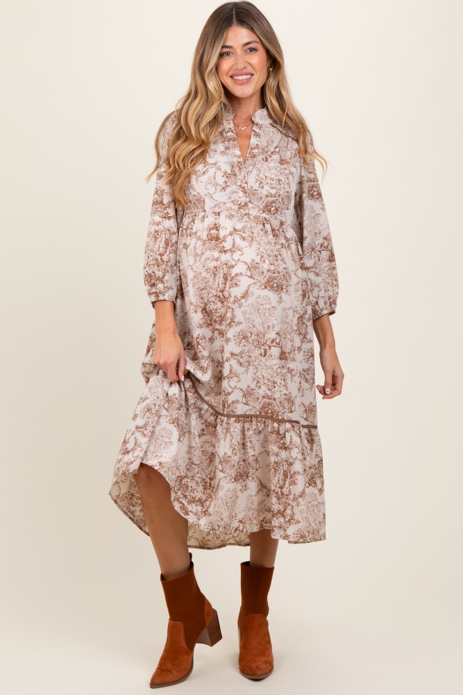 brown printed split ruffle collar maternity midi dress