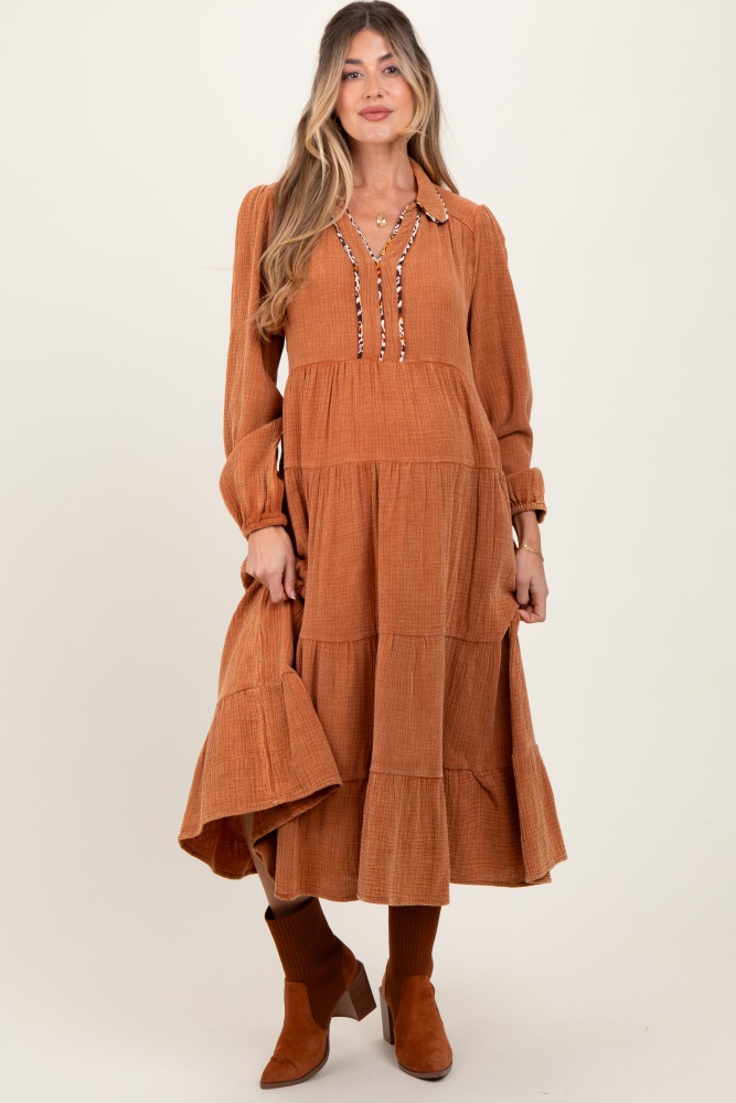 camel cotton gauze long sleeve tiered maternity midi dress