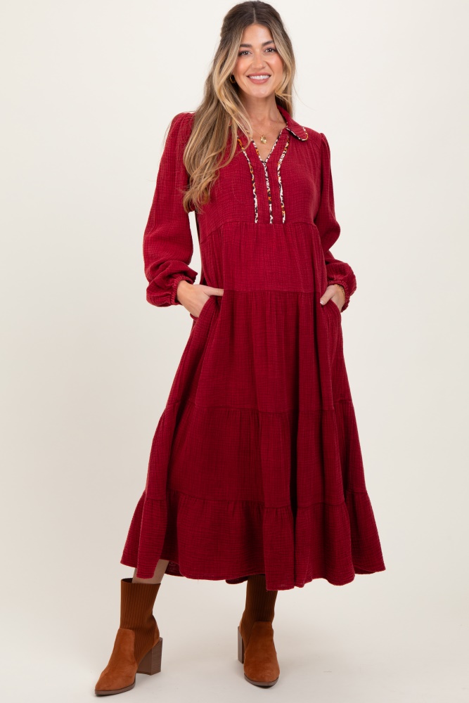 burgundy cotton gauze long sleeve tiered maternity midi dress