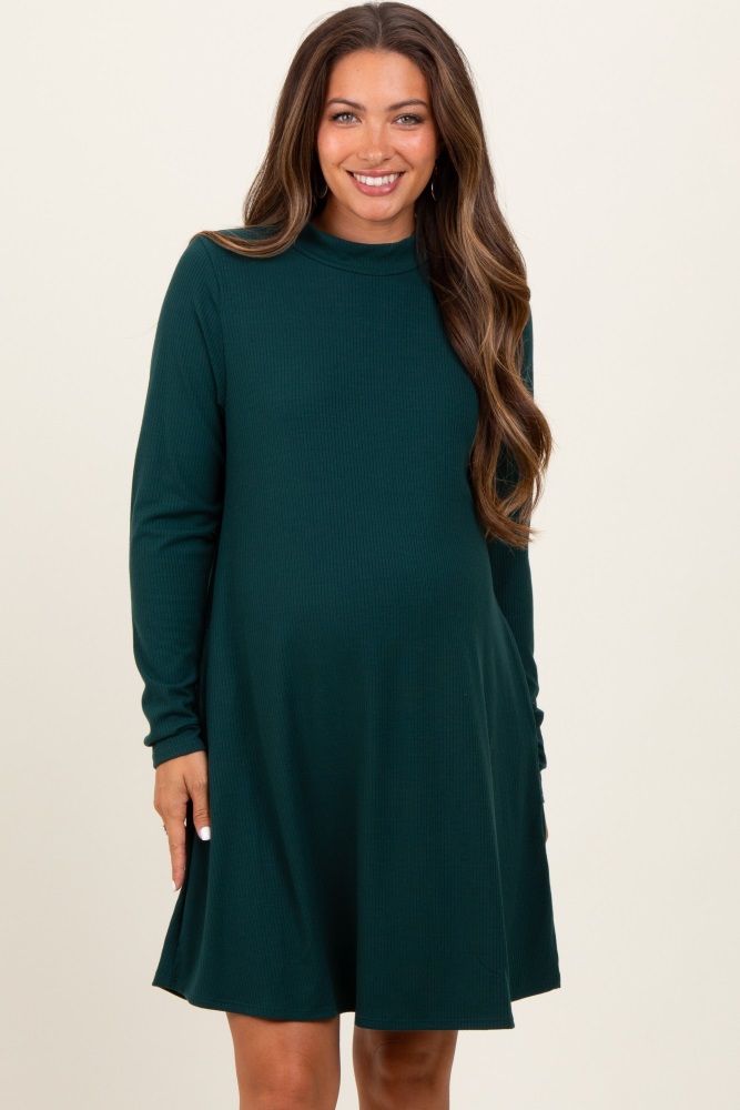 forest green ribbed mock neck long sleeve basic maternity dress