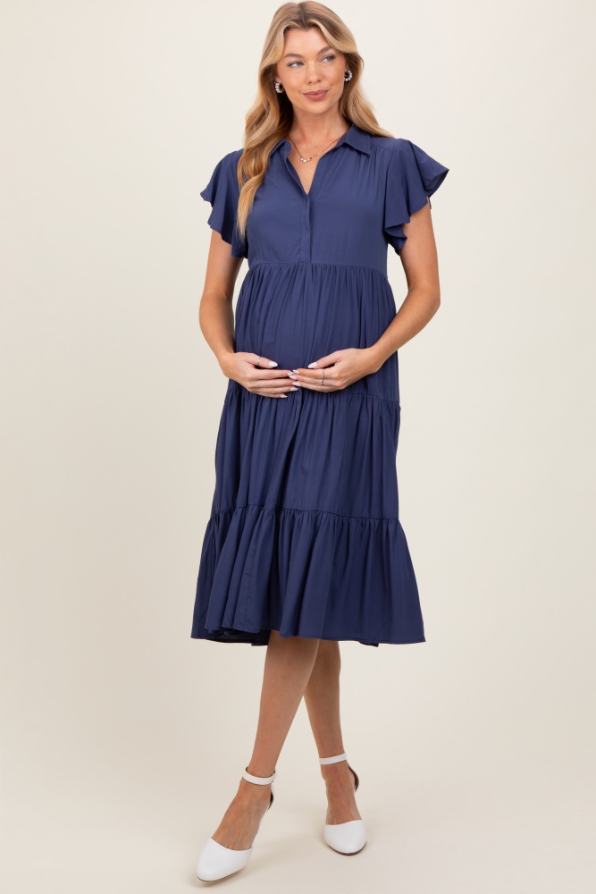 navy blue ruffle sleeve v-neck tiered maternity midi dress