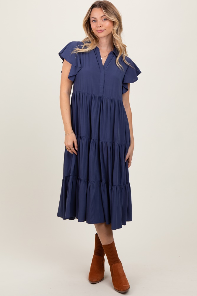 navy blue ruffle sleeve v-neck tiered midi dress