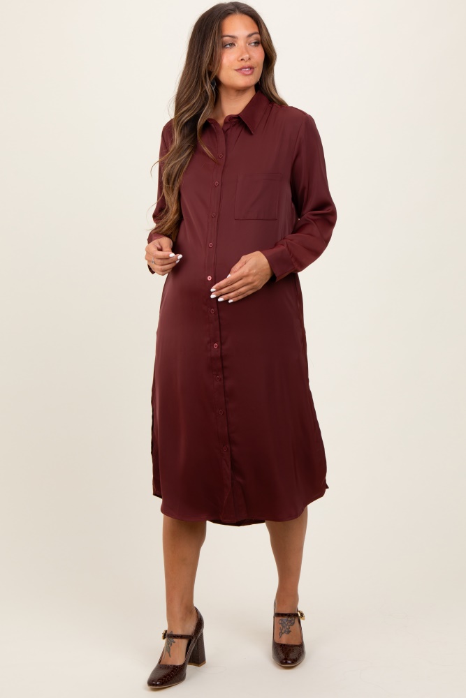 rust long sleeve maternity midi shirt dress