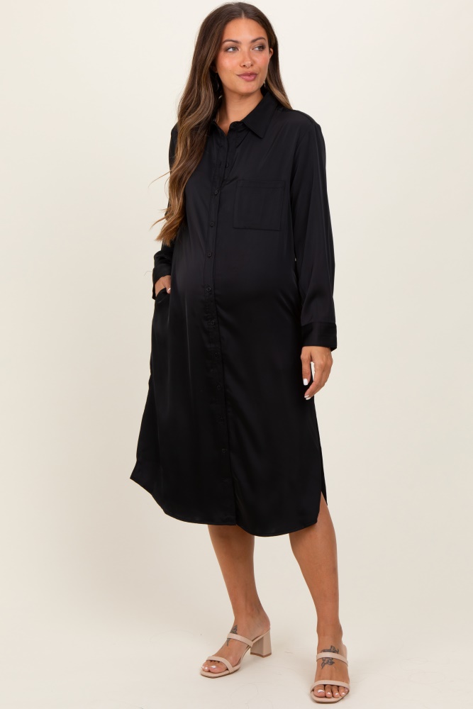 black long sleeve maternity midi shirt dress