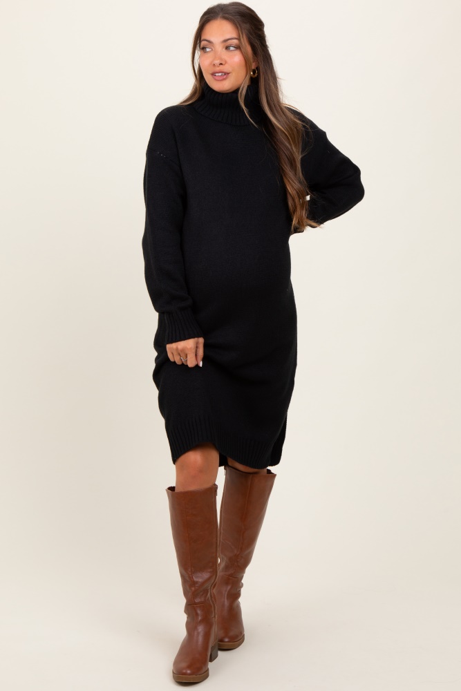 black turtleneck side slit maternity midi sweater dress