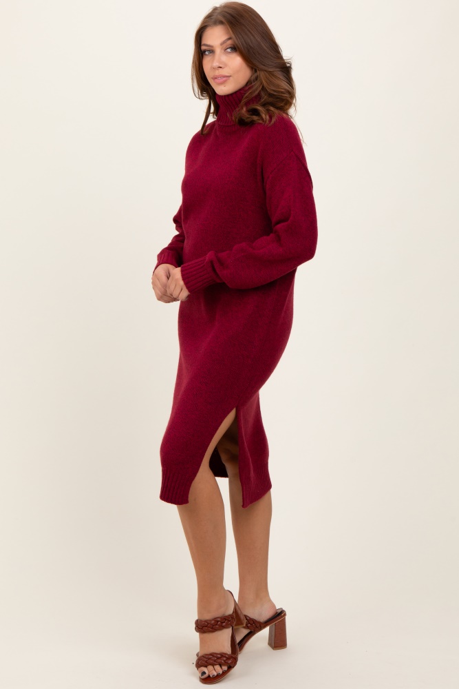 burgundy turtleneck side slit midi sweater dress