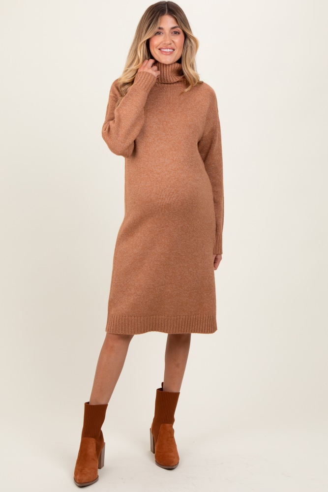 camel turtleneck side slit maternity midi sweater dress