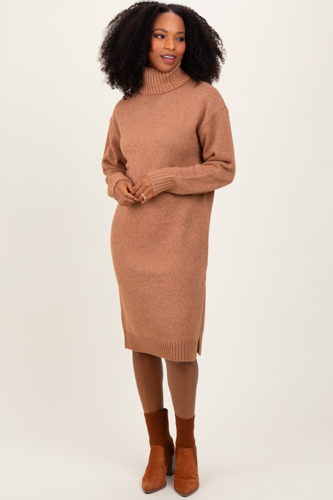 camel turtleneck side slit midi sweater dress